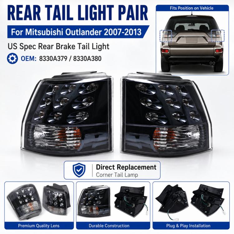 Rear tail light pair with clear lenses, black housing, chrome reflectors, amber markers