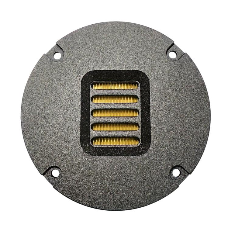 4-inch circular pneumatic tweeter driver with yellow coil and four mounting holes