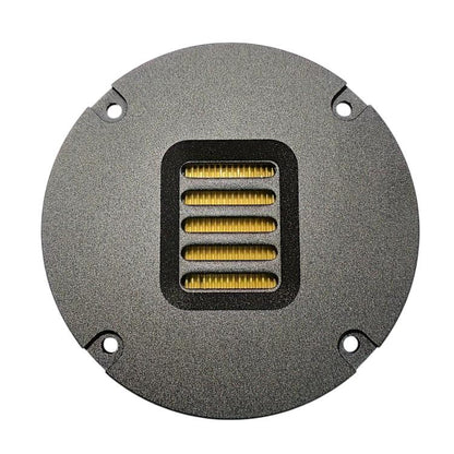 4-inch circular pneumatic tweeter driver with yellow coil and four mounting holes