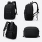 Large black travel laptop backpack shown from front, side, back, and bottom views