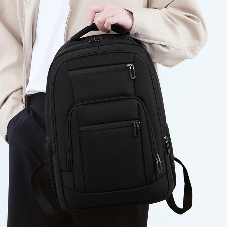 Black large backpack with multiple front zip pockets and padded back panel