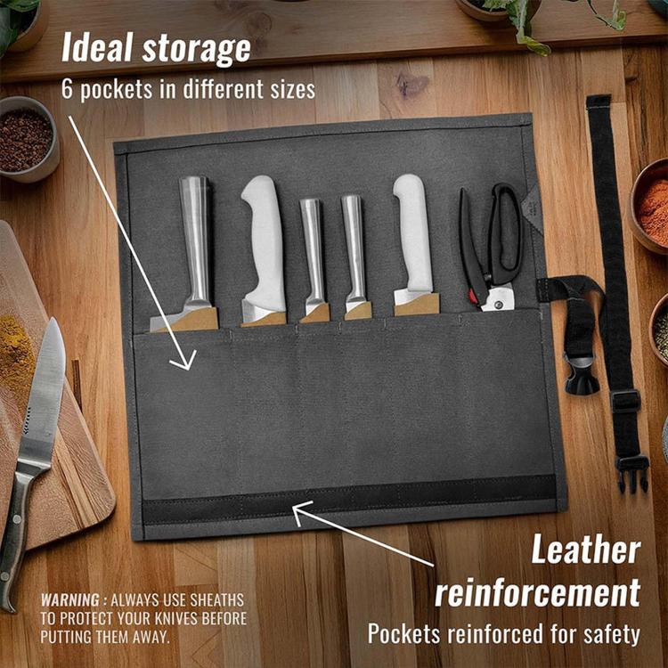 Canvas Roll Bag With 6 Pockets BBQ Knife Utensil Holder Camping Tool Organizer