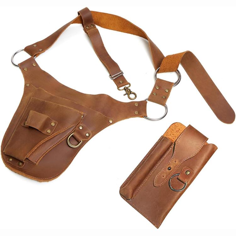 Brown leather waist tool bag with front pockets, studs, and adjustable belt straps
