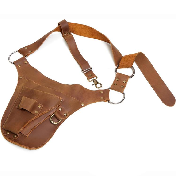 Brown leather waist tool bag with detachable front pouch and organizer pocket