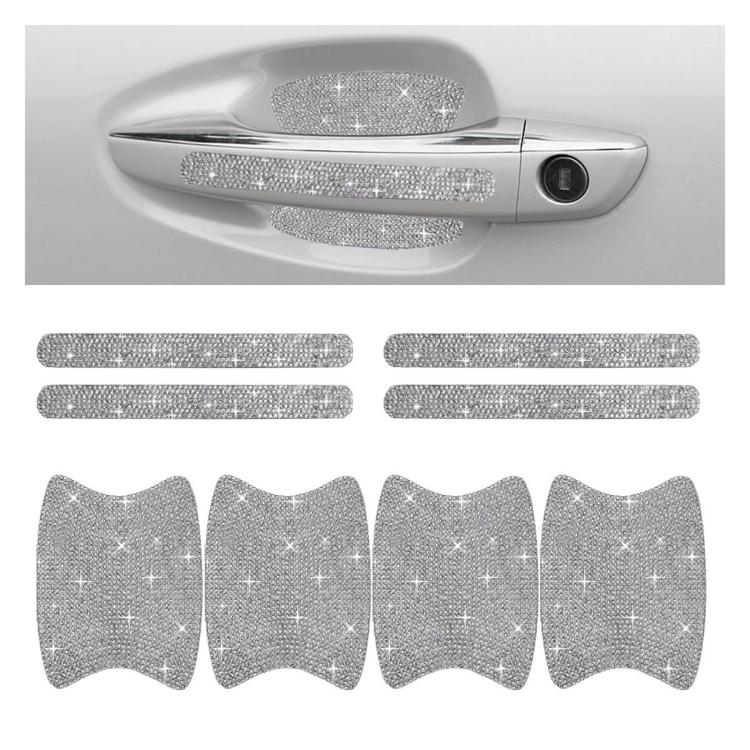 Rhinestone car door handle sticker set, silver-white sparkle, 8-piece