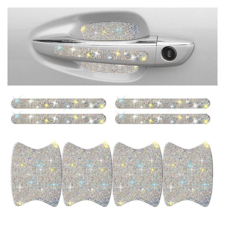 Rhinestone car door handle sticker set, iridescent silver sparkle, 8-piece