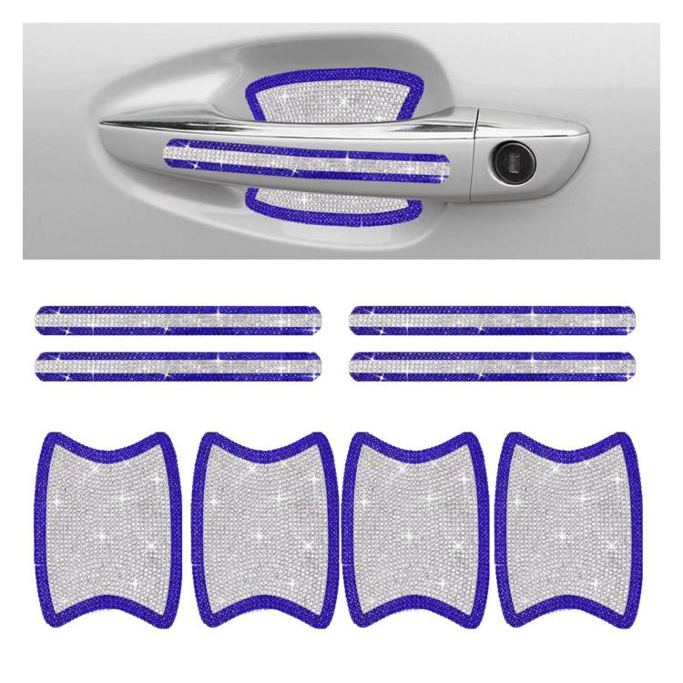 Rhinestone car door handle sticker set, blue and silver sparkle, 8-piece