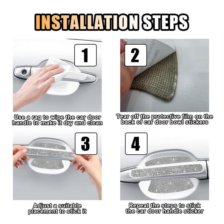 Rhinestone car door handle sticker set showing adhesive film being applied to handle