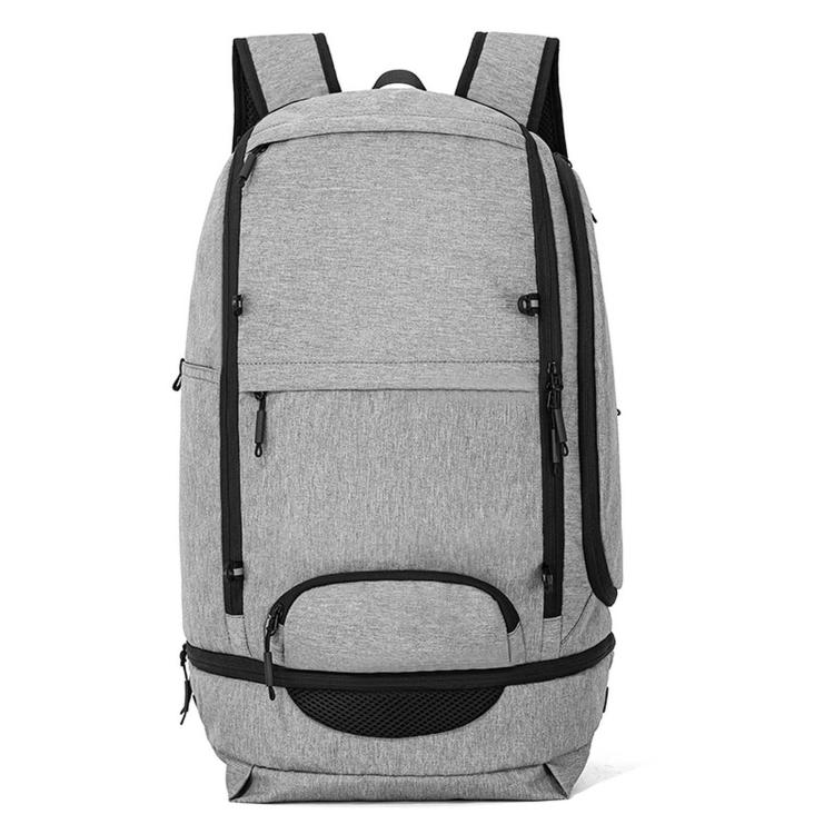 Gray basketball backpack with padded straps, top handle, and front zipper pocket