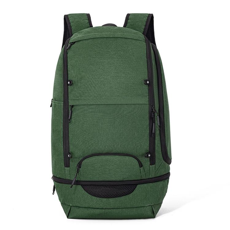 Green basketball backpack with padded straps, top handle, and front zipper pocket