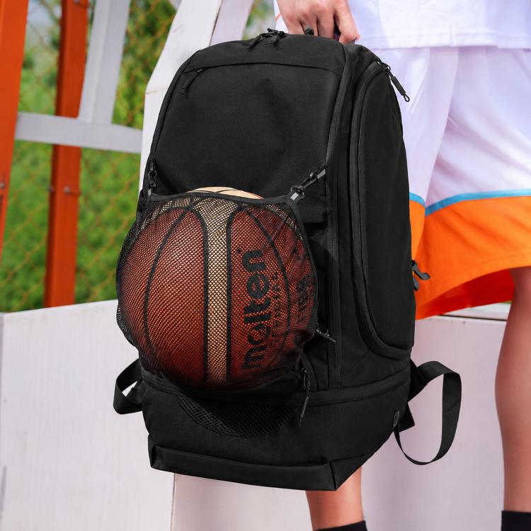Black basketball backpack with mesh shoe compartment panel and side carrying straps