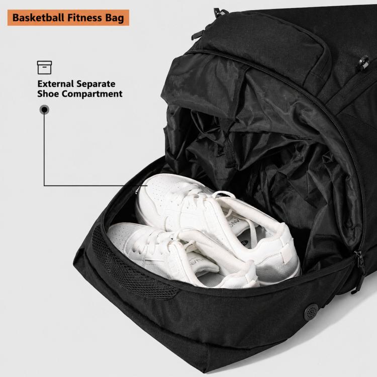Black backpack with separate shoe compartment holding white sneakers.