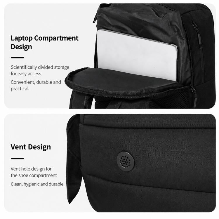 Black sports backpack with padded laptop sleeve and vented shoe compartment.