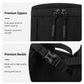 Black backpack with dual zipper pulls and secure adjustable buckle strap.