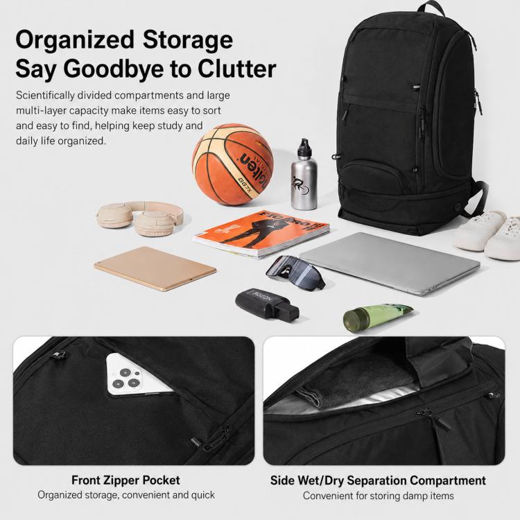 Black basketball backpack with front zipper pocket and side wet/dry separation compartment