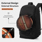 Black backpack with external mesh basketball compartment and padded back panel.