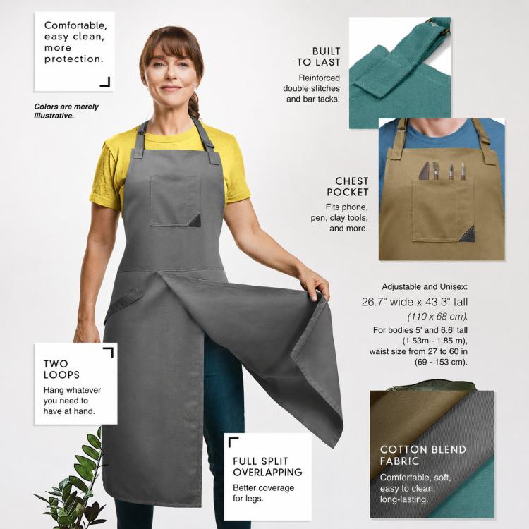 Split Leg Pottery Apron Adjustable Cotton Blend Overlapping Bib Apron with Pockets & Loops