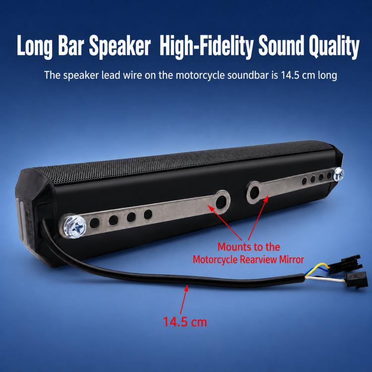 Black long bar speaker with cable and mounting for motorcycle rearview mirror