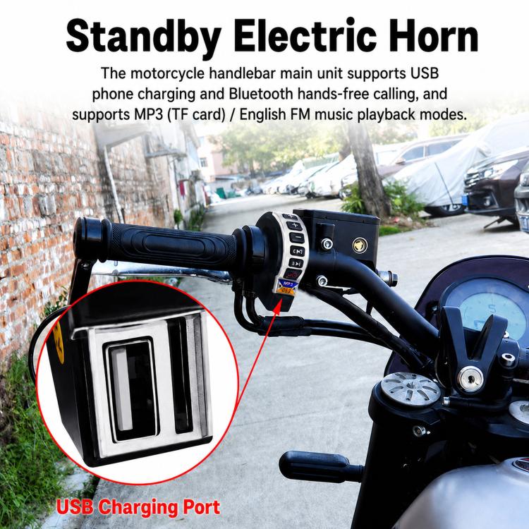Motorcycle handlebar speaker controller with USB charging port and button controls
