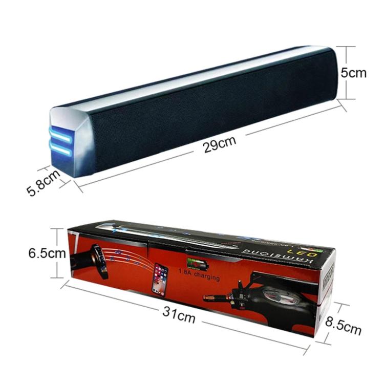Long strip motorcycle speaker bar with blue end light, shown with size dimensions
