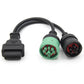 Truck OBD 9+6 pin adapter cable with male and female multi-pin connectors, black/green