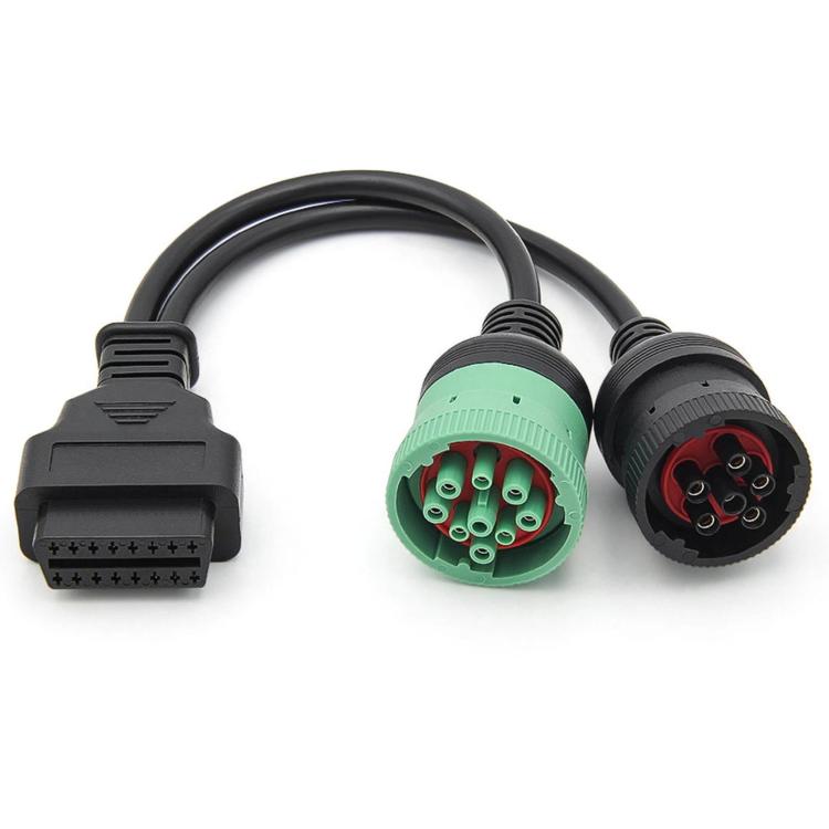 Truck OBD 9+6 pin adapter cable with male and female multi-pin connectors, black/green