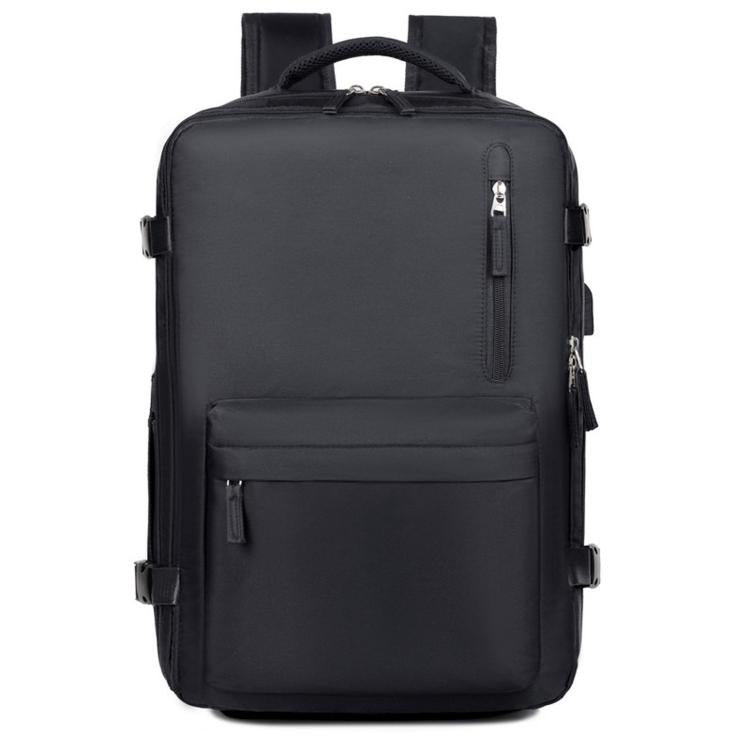 Black water-resistant travel laptop backpack with front zip pocket and top carry handle