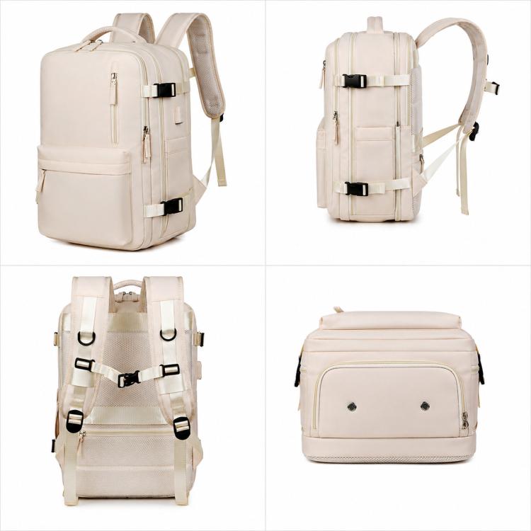 Beige laptop travel backpack with dual side pockets, front and back views