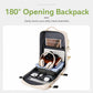 Beige backpack fully opened to reveal interior pockets and organizer space