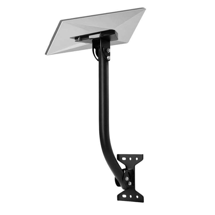 Black bent pipe wall mount bracket with U-shaped device plate and screw holes