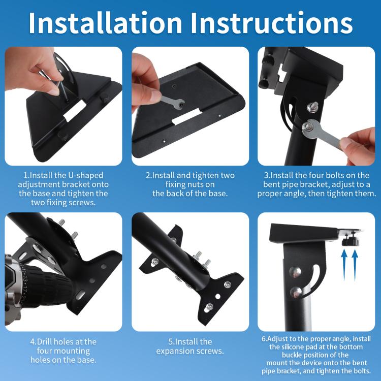 Mounting bracket installation steps showing bracket base, bolts, and adjustable pipe