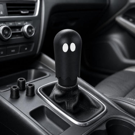 Black ghost car gear shift head decoration with two white eye cutouts on leather boot