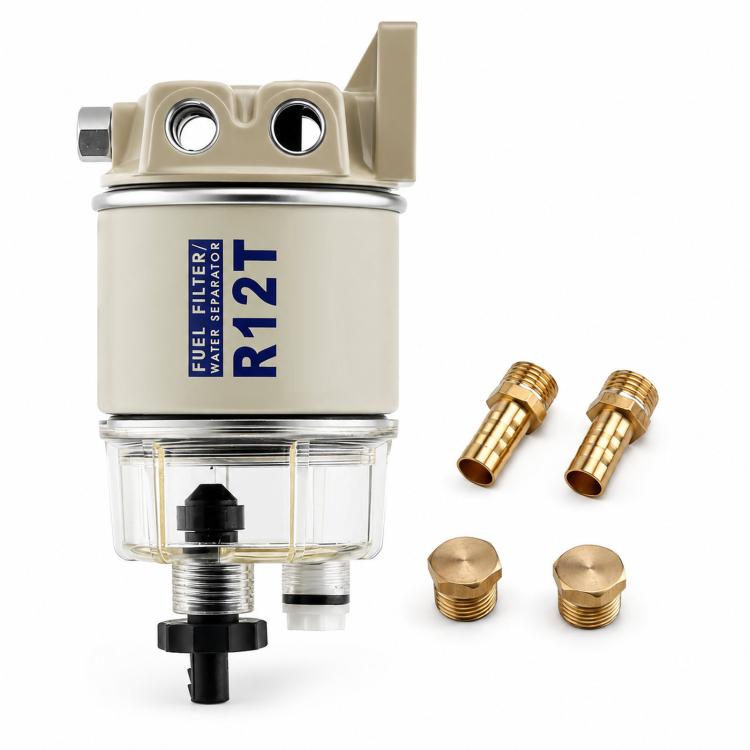 Fuel filter water separator with clear bowl and brass fittings, R121T canister
