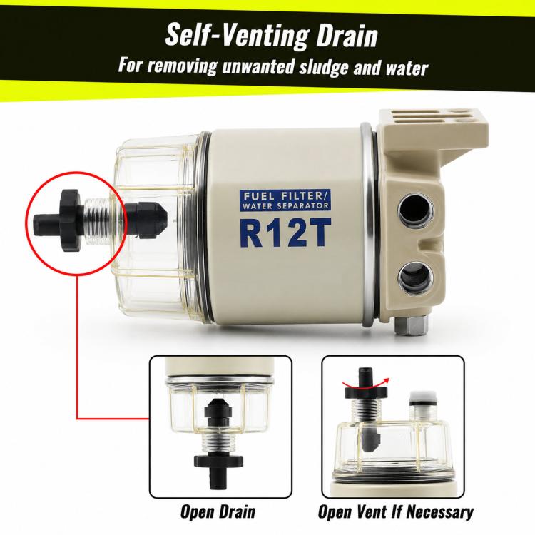 Fuel filter water separator with self-draining valve, clear bowl, and outlet fittings
