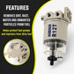 Fuel filter water separator canister with clear bowl and two hose connection ports