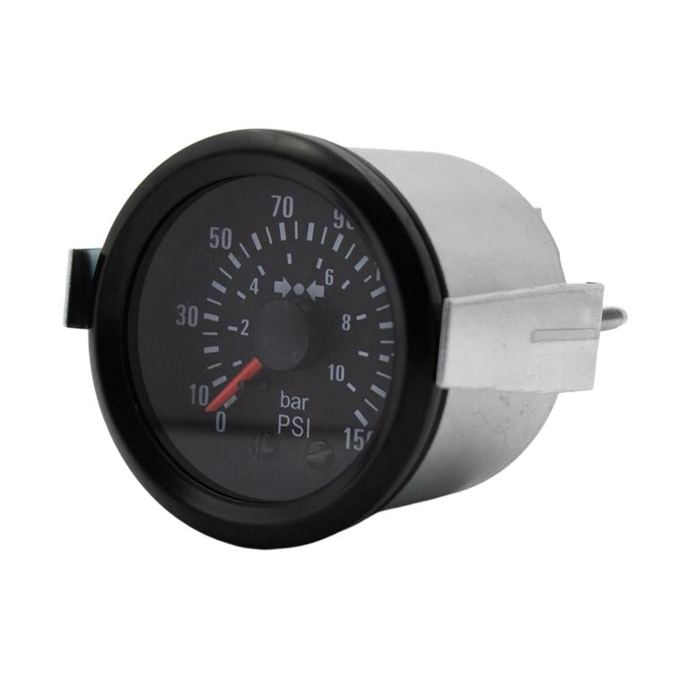 Mechanical car air pressure gauge in silver housing, black dial with red needle
