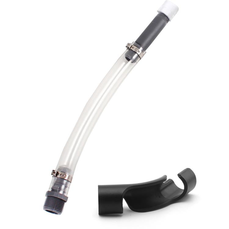 Racing fuel filler hose with clear tubing and dark ribbed connectors