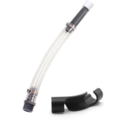 Racing fuel filler hose with clear tubing and dark ribbed connectors