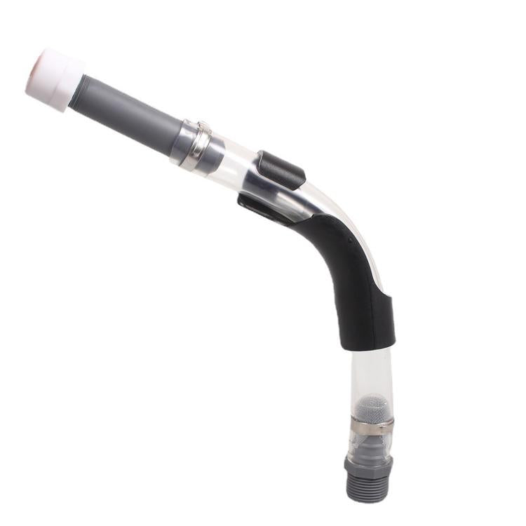 Racing fuel filler hose with bent black elbow and clear fuel line