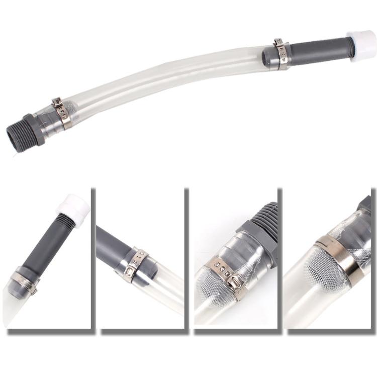Racing fuel filler hose with metal clamps and clear line connector details