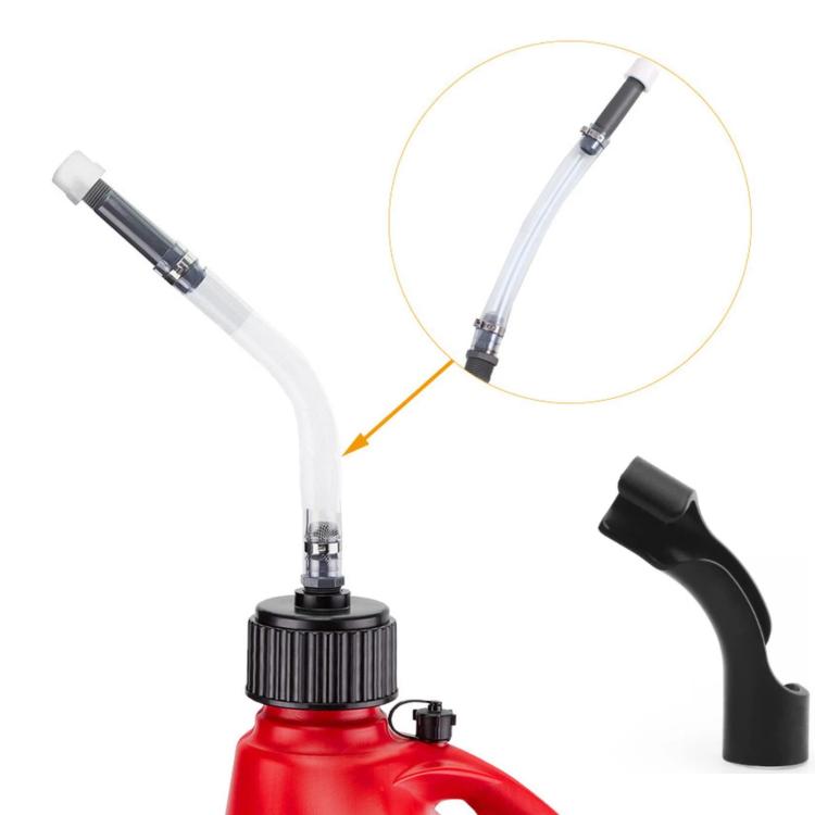 Racing fuel filler hose kit with clear line and black elbow on fuel tank