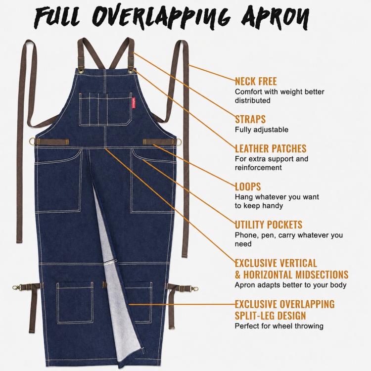 Split Leg Apron Cross Back Tool Work Apron with Pockets for Barber Pottery Tattoo Artist