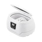 White ultrasonic cleaner with open lid showing empty basket interior