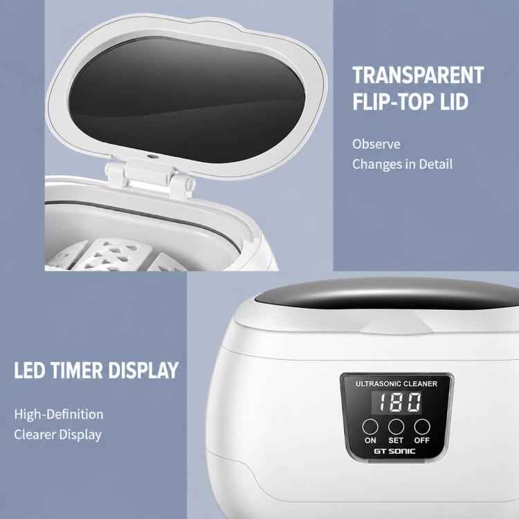 White ultrasonic cleaner with transparent flip-top lid and LED timer display