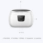 White ultrasonic cleaner front view with control panel and transparent lid