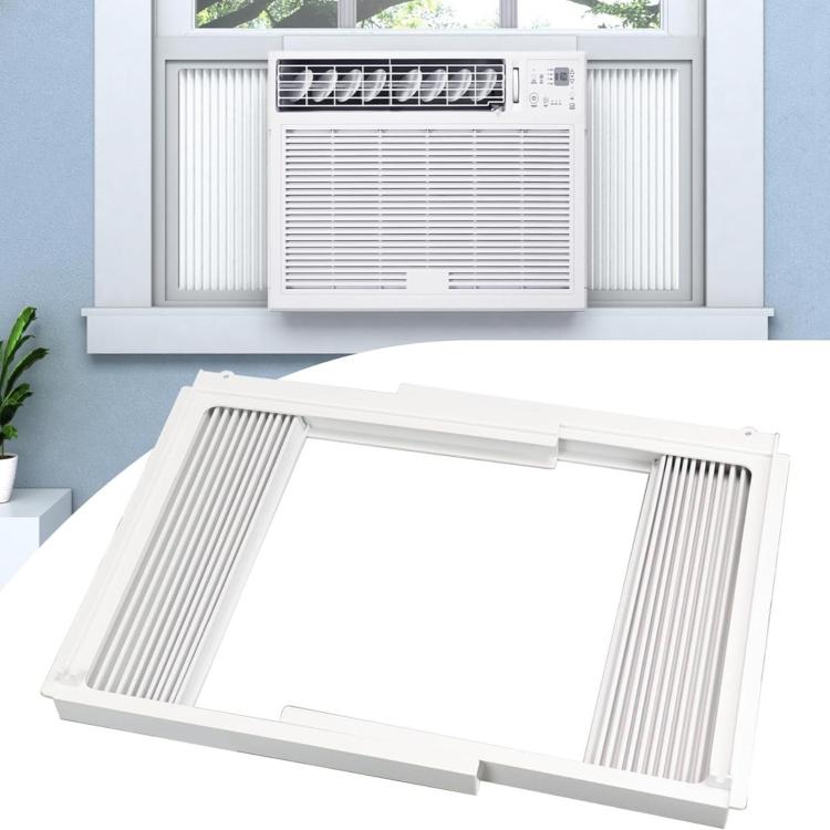 White window AC side panel kit installed in a window frame with accordion filler