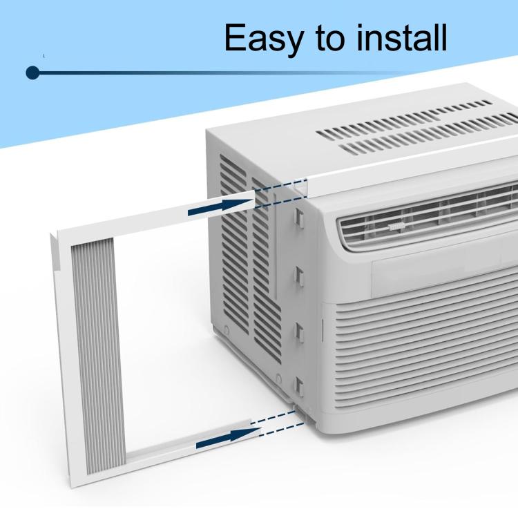 White window AC side panel kit sliding into place for insulation