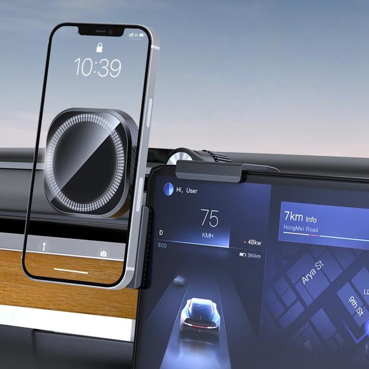 Clamp-on magnetic car phone holder with circular magnetic screen pad and dashboard mount