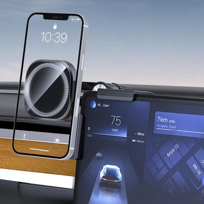 Clamp-on magnetic car phone holder with circular magnetic screen pad and dashboard mount