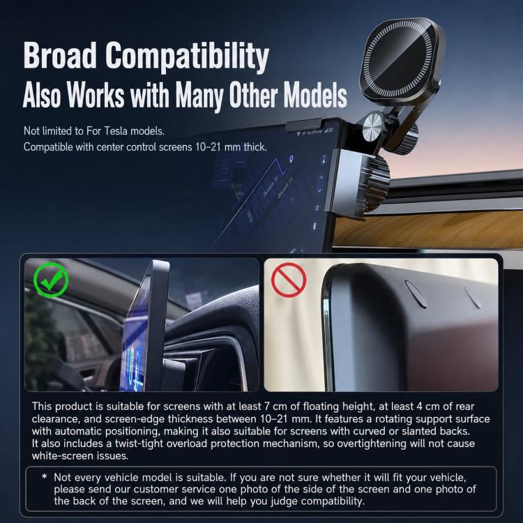 Clamp-on magnetic car phone holder with circular screen pad and dashboard bar mount